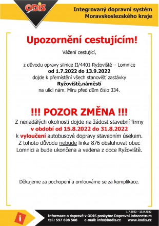 Výluka autobusů z Ryžoviště do Lomnice